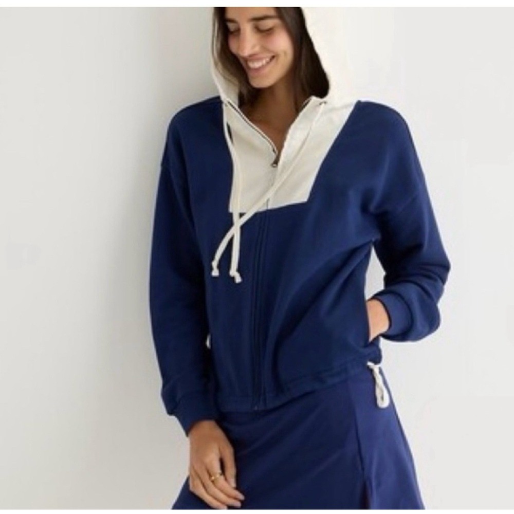 NWOT J.Crew Women's Green Ivory Terry Fleece Full Zip Anorak Hoodie M Drawstring - Picture 15 of 15